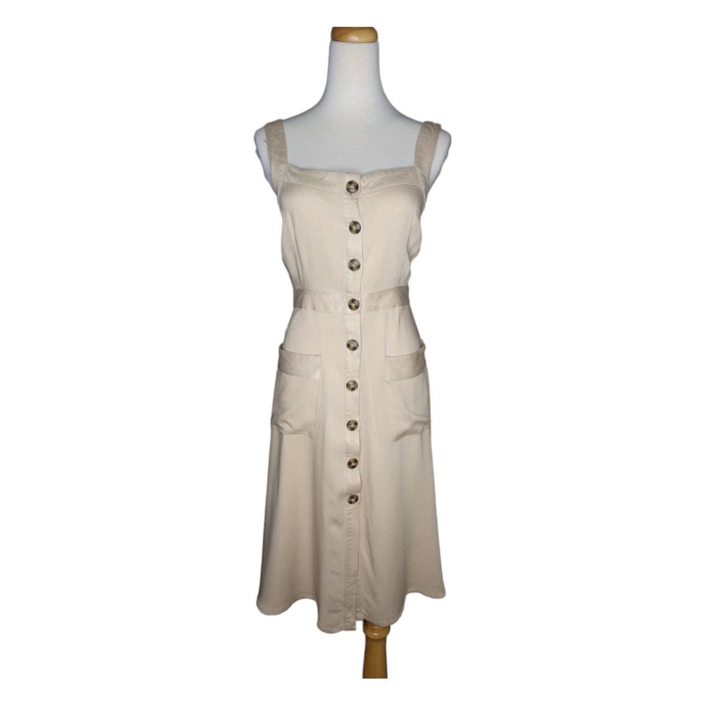Square Neck Button Front Rayon Twill Midi Dress Size L